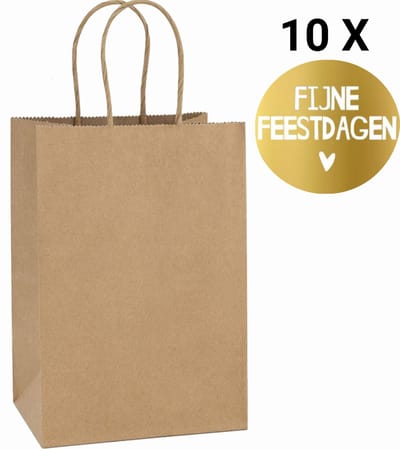 HGN Papieren Tasjes -Cadeautasjes-Cadeauzakjes-10 Stuks-Bruin-Incl 10 Stickers twv 3,99-Fijne Feestdagen-Kerst tasjes-18+8x24 cm