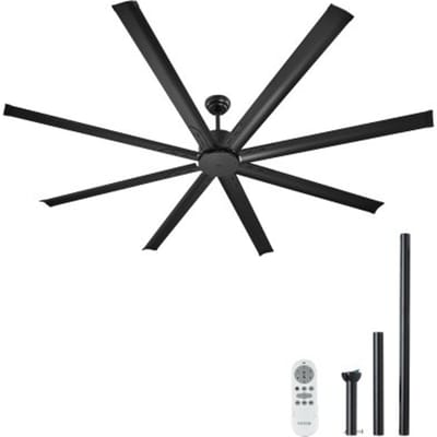 VEVOR 213 cm plafondventilator zonder licht, 6-snelheden afstandsbediening, 8 aluminium bladen, omkeerbare DC-motor, ventilator voor slaapkamer, woonkamer, terras, binnen/buiten, zwart