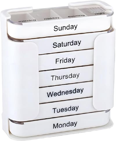 Pillenorganizer voor 1 week, 7-dagen medicatiedoos van voedselveilig materiaal, met 28 vakjes (wit/meerkleurig)