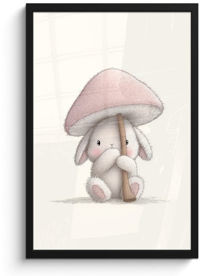 Poster in lijst - Fotolijst 40x60 cm - Posters - Paddenstoel - Konijn - Roze - Posterlijst zwart - Decoratie - Wanddecoratie woonkamer - Muurdecoratie slaapkamer