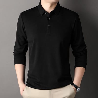 Nieuwe Heren T-shirts voor de lente, Naadloze Tops met revers, Strijkvrije Heren Lange Mouwen 4XL black