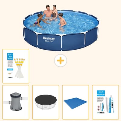 Bestway Rond Steel Pro Zwembad - 366 x 76 cm - Blauw - Inclusief Pomp - Afdekzeil - Grondzeil - Reparatiesetje - Testrips - 6-delig