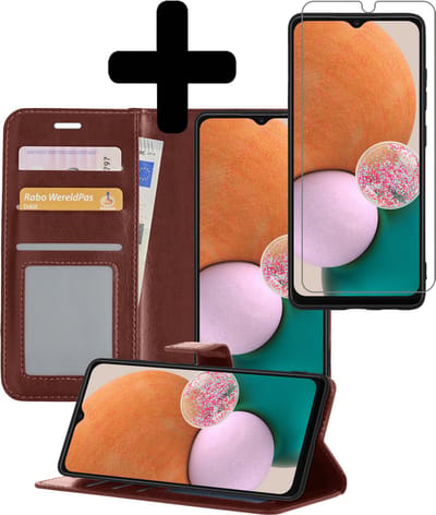 Hoesje - Met Screenprotector - Geschikt voor Samsung Galaxy A13 4G - Luxe Pasjeshouder - Bookcase Portemonee - Flip Case - Kunstleer Book Case - Flipcase - Book Cover - Walletcase - Portemonneehoes - Telefoonhoesjes - Bruin