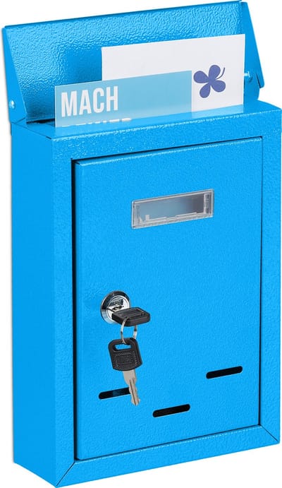 wandbrievenbus - met naambordje - metaal - slot - 2 sleutels - 26,5 x 19 x 6,5 cm - blauw