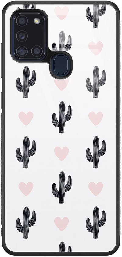 Hoesje geschikt voor Samsung Galaxy A21s - Cactus hartjes - Luxe Glazen Hardcase - Natuur - Roze