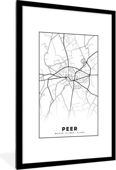 Fotolijst incl. Poster Zwart Wit- België – Peer – Stadskaart – Kaart – Zwart Wit – Plattegrond - 80x120 cm - Posterlijst