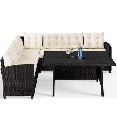 Casaria Loungeset - 6 Personen Eettafel Polyrottan – Crème Zwart