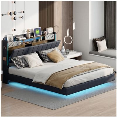 Lit rembourré - MUVOE - 160x200 cm - Éclairage LED - Prise USB - Rangement intégré gris