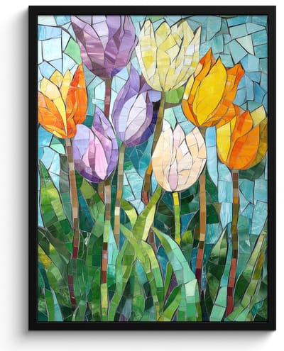 Poster in lijst - Fotolijst 50x70 cm - Posters - Mozaïek - Veld - Tulpen - Kleurrijk - Posterlijst zwart - Decoratie - Wanddecoratie woonkamer - Muurdecoratie slaapkamer