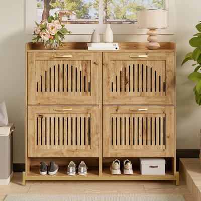 MODFU - Schoenenkast - Verticale Open Latdeuren - Moderne Uitstraling - Voor Hal - MDF - Houtkleur - 108,5 X 24 X 100 Cm