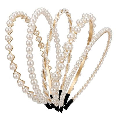 Wit goudkleurig diadeem dames set 5 stuks parel haarbanden smal en breed met kralen details elegant haar accessoire set