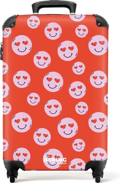NoBoringSuitcases.com® - Handbagage koffer lichtgewicht - Reiskoffer trolley - Rood met roze smileys - Rolkoffer met wieltjes - Past binnen 55x40x20 en 55x35x25