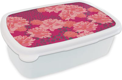 Broodtrommel Wit - Lunchbox - Brooddoos - Luipaard - Dierenprint - Pioenroos - Patroon - 18x12x6 cm - Volwassenen