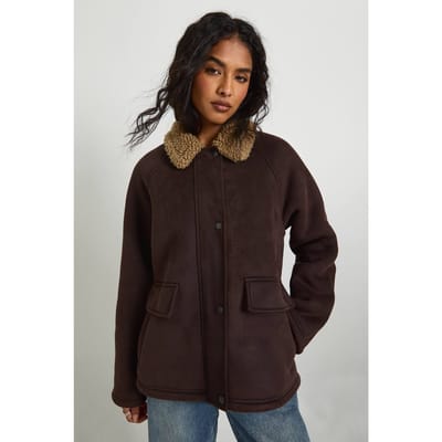 boohoo Dames Nep suede pilotenjas met wanten | Chocolate | Maat: 8