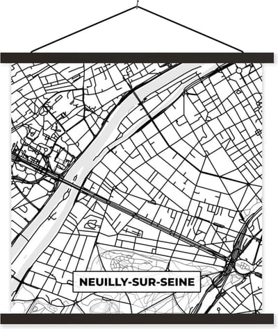 Posterhanger incl. Poster 60x60 cm - Schoolplaat - Stadskaart - Neuilly-sur-Seine - Plattegrond - Kaart - Frankrijk - Zwart wit - Textielposter - Zwarte latten - Stadskaart