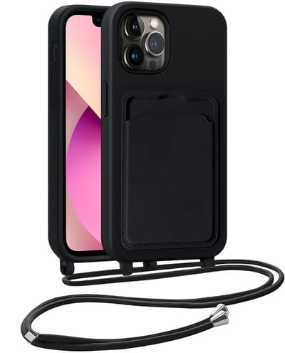 Hoesje Geschikt voor iPhone 13 Pro Telefoonhoesje Met Koord Case Pashouder Siliconen - Hoes Geschikt voor iPhone 13 Pro Hoesje Met Kaarthouder - Zwart
