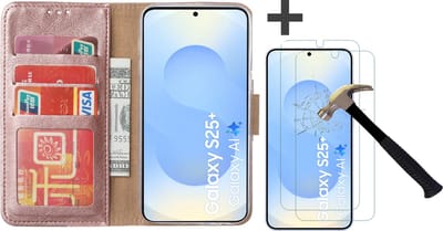 Hoesje met 2 Stuks Screenprotectors Geschikt voor Samsung Galaxy S25 Plus – Arara bookcase met pasjeshouder - Rosegoud