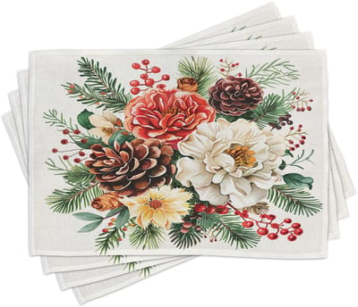 ABAKUHAUS placemats, vintage kerstornamentprint, wasbare stof eetkamerkeukentafeldecoratie digitale print, koraalroodbruine kokosnoot