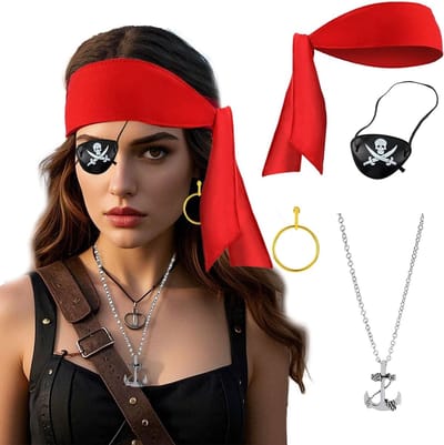 Piratenkostuum voor Dames met Hoofddoek, Oorbellen, Ketting en Patches - Perfect voor Carnaval en Cosplay, One Size