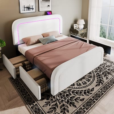 Gestoffeerd Bed 160x200 cm - Tweepersoonsbed Met USB C En LED Verlichting - 4 Lades En Verstelbaar Hoofdeinde - Sherpa - Wit - Zonder Matras