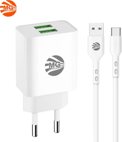 MG - USB Adapter Met Kabel - 2,4A - Snel lader Met Kabel - 2x USB Poort Met 1m Kabel - Usb To Type-C - Wit
