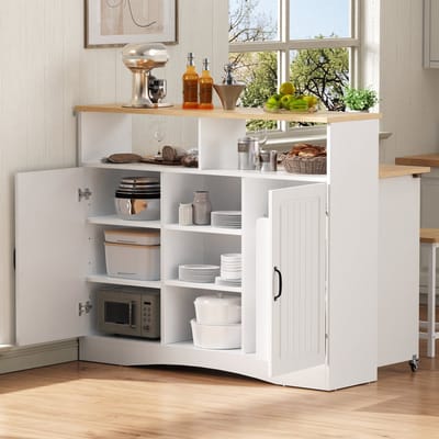 STILVORA Keukeneiland 110x34-68x97,5 Cm – Uitklapbaar Werkblad Met 2 Krukken – Op Wielen Met Vergrendelbare Zwenkwielen – Opbergvakken En Kasten – Wit