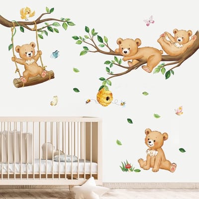 Famanu – Muurstickers Jungle Dieren Dierlijke Beer op Boomtak Muurtattoo Baby Kinderkamer Babykamer Slaapkamer Wanddecoratie