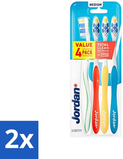 Jordan - Total Clean - Tandenborstels Medium - 4 Tandenborstels - Voordeelverpakking - 2 stuks
