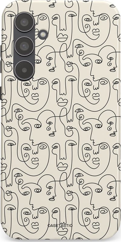 Casetastic hoesje geschikt voor Samsung Galaxy A55 - Dubbellaagse bescherming - Art Deco Creme Abstractie Lijntekening Gezichten - Fashion Case - Zilver Crème Wit