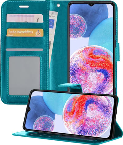 Hoesje - Met Pasjeshouder - Geschikt voor Samsung Galaxy A23 - Luxe Bookcase Portemonee - Flip Case - Kunstleer Book Case - Flipcase - Book Cover - Walletcase - Portemonneehoes - Telefoonhoesjes - Turquoise