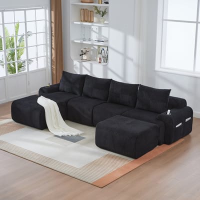 Wishdor Modulaire 4-Zitsbank - Met Bekerhouder En Opbergtas - Moderne Stijl - Voor Woonkamer - Cordstof - Zwart - 333 X 174 X 80 Cm