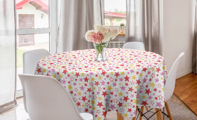 ABAKUHAUS Stars Ronde tafelkleed, cirkelvormige tafelkleed voor keukendecoratie in de eetkamer, 150 cm, wit en meerkleurig