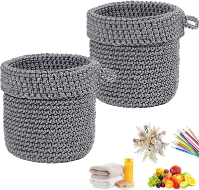2 stuks wandmand, hangende wandmand, katoenen touwmand, hangmand, opbergmand met handvat, wandhangende fruitmand, handgeweven, voor keuken, badkamer, woonkamer, kantoor, decoratie, grijs