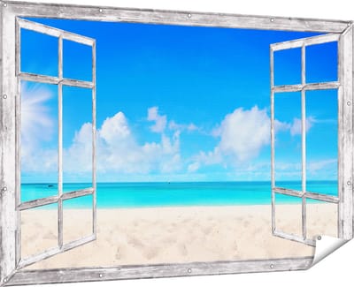 Gards Tuinposter Doorkijk Strand en Zee met Helder Witte Zand - 180x120 cm - Tuindoek - Tuindecoratie - Wanddecoratie buiten - Tuinschilderij