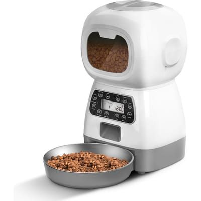 Distributeur Automatique pour Animaux de Compagnie avec Minuterie, Enregistrement Vocal, Contrôle par Téléphone, Distributeur de Nourriture pour Chat et Chien pour Intérieur 3.5L white