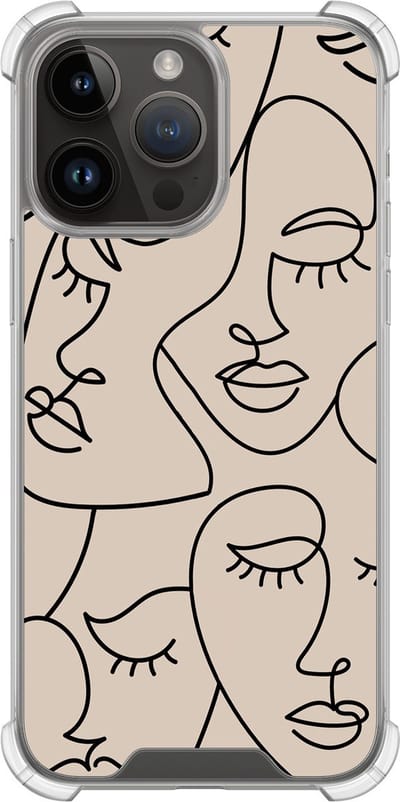 Shockproof hoesje - Geschikt voor iPhone 14 Pro Max - Abstract faces - Extra sterke case - TPU/polycarbonaat - Print / Illustratie - Bruin, Transparant