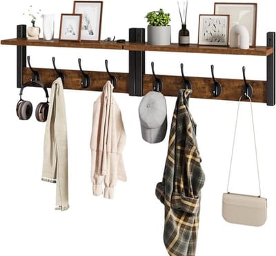 Wandhaken met Plank voor Hal en Slaapkamer, Houten Wandkapstok met Intrekbare Haken, Zilvergrijs