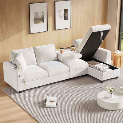 MODENUIT Hoekbank 280x137 cm - Slaapfunctie Met Opklapbare Tafel, USB En Bekerhouders - Woonkamer - Chenille Beige