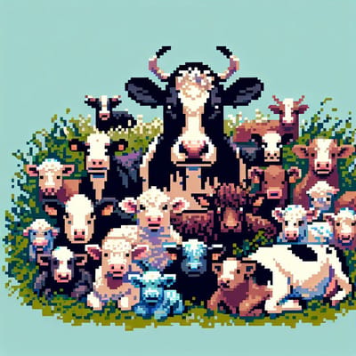 Pixel art vee schilderij | Digitale boerderij: een pixelachtige kunstuiting van landschap en dieren | Kunst - 30x30 centimeter op Canvas | Foto op Canvas