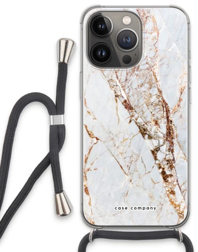 Case Company® - Hoesje met koord geschikt voor iPhone 13 Pro hoesje met Koord - Goud marmer - Telefoonhoesje met Zwart Koord - Bescherming aan alle Kanten en Over de Schermrand