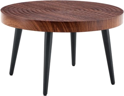 Ronde salontafel donker hout - 60 cm diameter - 5 cm dik houten blad - Zwarte metalen poten - Woonkamer