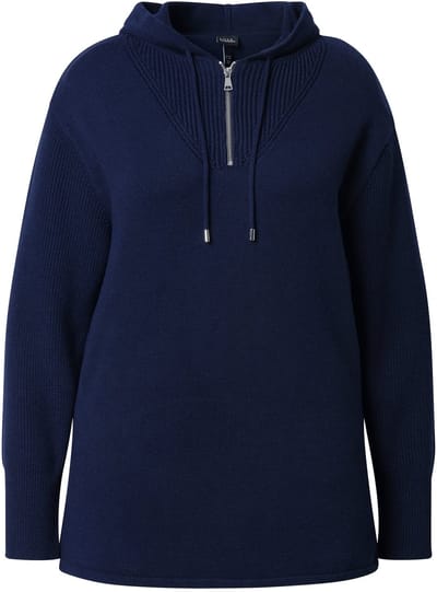 Ulla Popken - Dames - Gebreide hoodie rits capuchon lange mouwen - Inktblauw - Maat 42+