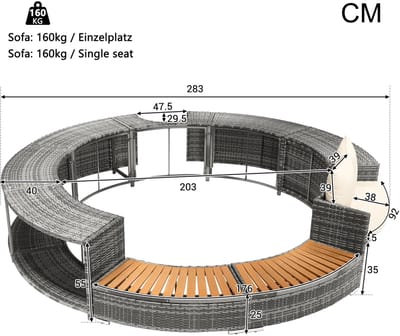 Archi Ronde tuinloungeset – Loungeset – Inclusief kussens & opbergruimte – Luxe PE-rotan ronde tuinset – Grijs – 283 cm