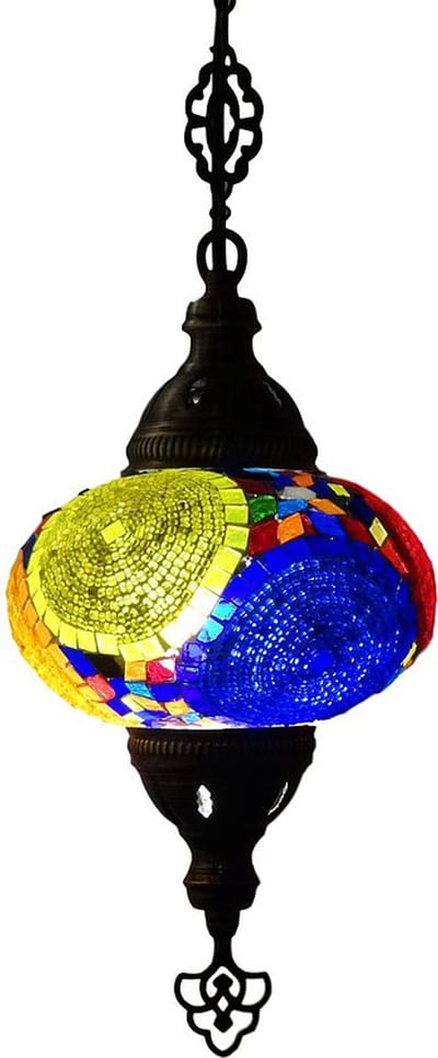 Oosterse lamp - hanglamp van handgemaakt glasmozaïek - 1 stuk - multicolor met messing beslag