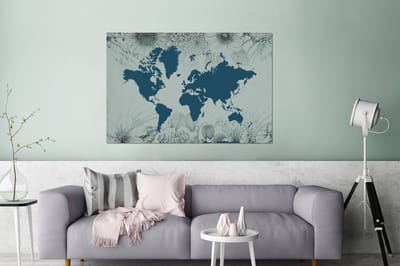 Aluminium schilderij 180x120 cm - Wanddecoratie metaal - Wereldkaart - Grijs - Blauw - Metalen muurdecoratie woonkamer - Decoratie industrieel - Foto op dibond - Industriële accessoires slaapkamer