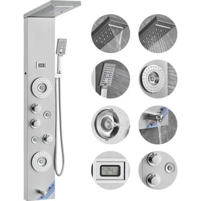 VEVOR Douchepaneelsysteem, 6 douchestanden, LED- en display-douchepaneeltoren, regenval, waterval, 4 lichaamsmassagejets, baduitloop, handdouche, 149 cm slang, wandgemonteerde doucheset
