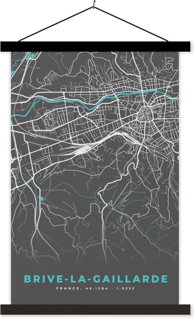 Posterhanger incl. Poster 40x60 cm - Schoolplaat - Brive-la-Gaillarde - Frankrijk - Stadskaart - Plattegrond - Kaart - Textielposter - Zwarte latten - Stadskaart