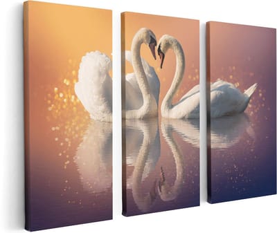 Artaza Canvas Schilderij Drieluik Zwanen Koppel in een Hart Vorm - 120x80 - Foto Op Canvas - Canvas Print