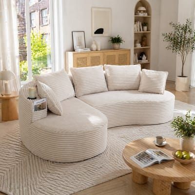 3-Zitsbank, L-Bank, Zachte, Ademende Corduroy Bank met Bekerhouder en Opbergvak, Hoogwaardig Schuim voor Comfortabel Zitten, Inclusief Kussens – Samengeperst en Klaar voor Gebruik, Perfect voor Elke Woonkamer-Beige
