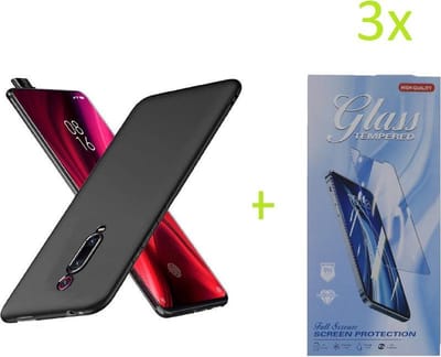 hoesje Geschikt voor: Xiaomi Mi 9T / 9T Pro / Redmi K20 / Redmi K20 Pro TPU Silicone rubberen + 3 Stuks Tempered screenprotector - zwart